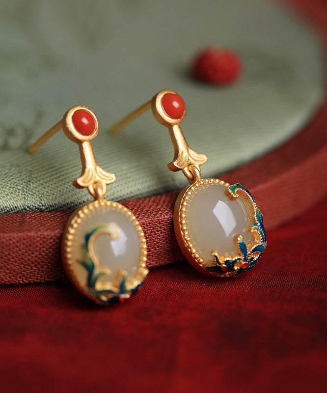 Vintage Gelbe Kupfer Overgild Achat Emaille Tropfen Ohrringe