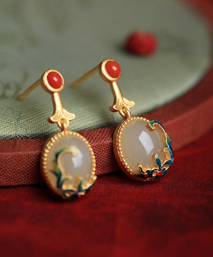 Vintage Gelbe Kupfer Overgild Achat Emaille Tropfen Ohrringe