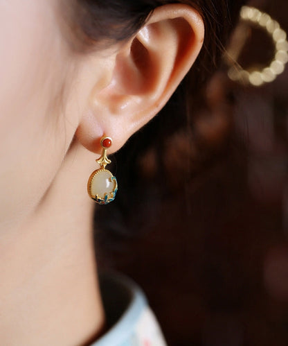 Vintage Gelbe Kupfer Overgild Achat Emaille Tropfen Ohrringe