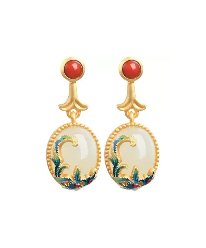 Vintage Gelbe Kupfer Overgild Achat Emaille Tropfen Ohrringe