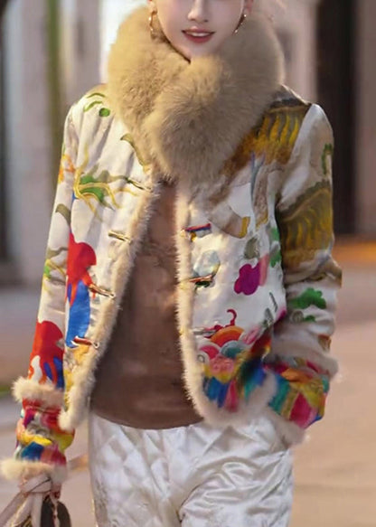 Vintage Yellow Fur Collar Embroidered Fine Cotton Filled Jacket Winter