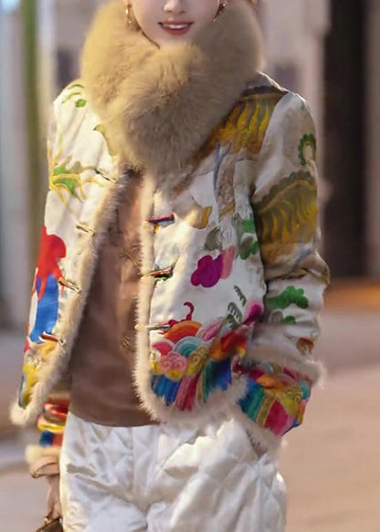 Vintage Yellow Fur Collar Embroidered Fine Cotton Filled Jacket Winter