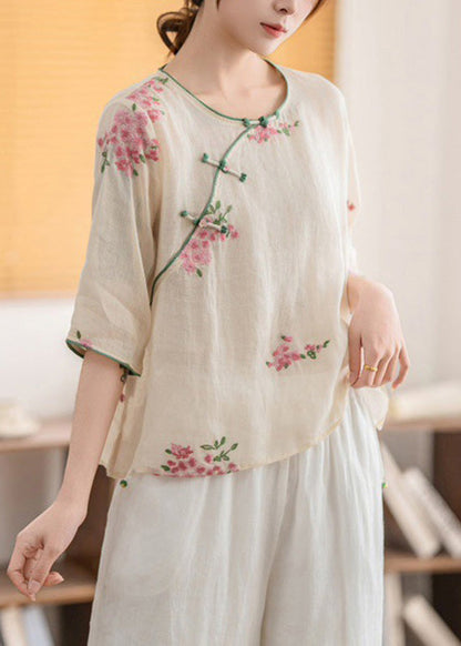 Vintage Yellow O Neck Oriental Button Linen Shirt Summer