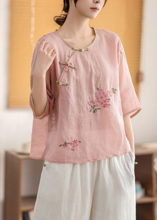 Vintage Yellow O Neck Oriental Button Linen Shirt Summer