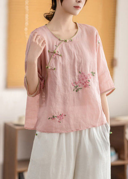 Vintage Yellow O Neck Oriental Button Linen Shirt Summer