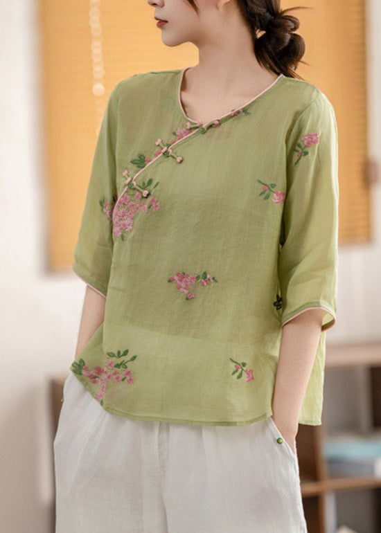 Vintage Yellow O Neck Oriental Button Linen Shirt Summer