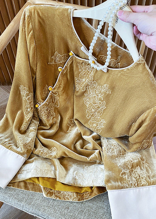 Vintage Yellow Oriental Button Jacquard Velour Shirt Top Spring