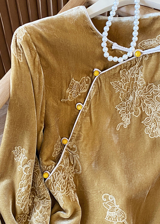 Vintage Yellow Oriental Button Jacquard Velour Shirt Top Spring
