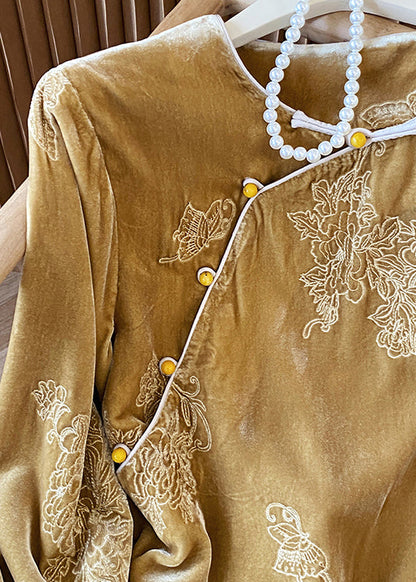 Vintage Yellow Oriental Button Jacquard Velour Shirt Top Spring