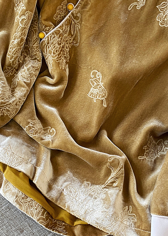 Vintage Yellow Oriental Button Jacquard Velour Shirt Top Spring