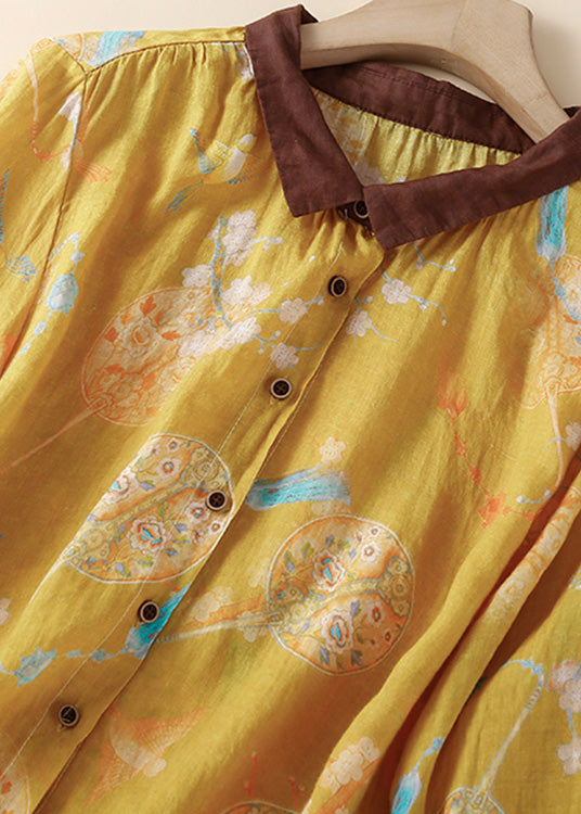Camisa de lino vintage amarilla con cuello Peter Pan, botones estampados, diseño bajo y alto, para verano