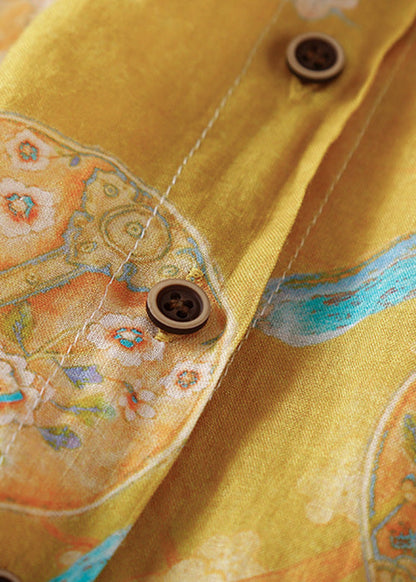Camisa de lino vintage amarilla con cuello Peter Pan, botones estampados, diseño bajo y alto, para verano