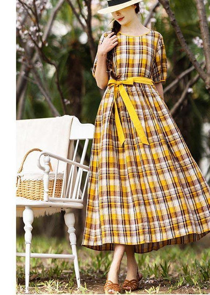 Vintage Yellow Plaid tie waist Mid Summer Linen Dress - SooLinen