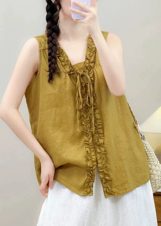 Vintage Yellow Ruffled Linen Shirt Tops Sleeveless