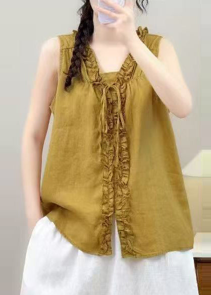 Vintage Yellow Ruffled Linen Shirt Tops Sleeveless