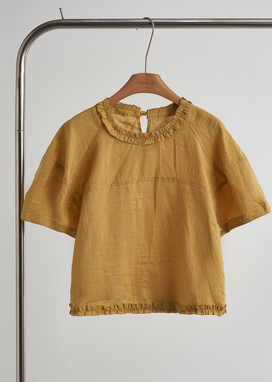 Vintage gelbes, gerüschtes Chiffon-Baumwoll-Zweiteiler-Set mit Print – Sommer