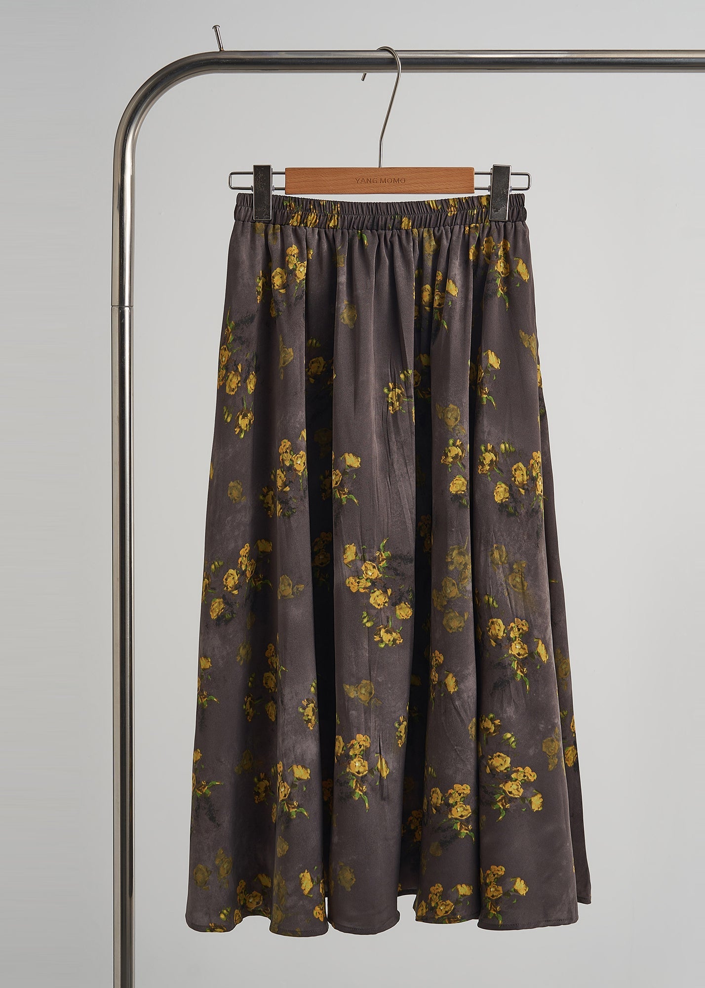 Vintage gelbes, gerüschtes Chiffon-Baumwoll-Zweiteiler-Set mit Print – Sommer