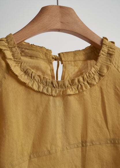 Vintage gelbes, gerüschtes Chiffon-Baumwoll-Zweiteiler-Set mit Print – Sommer