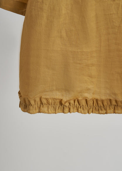 Vintage gelbes, gerüschtes Chiffon-Baumwoll-Zweiteiler-Set mit Print – Sommer