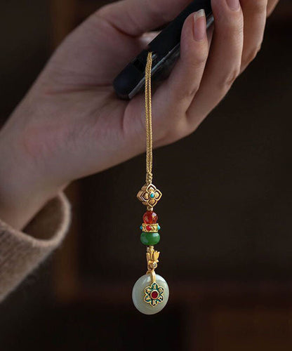 Vintage-Handyketten aus gelbversilbertem, vergoldetem Jade, Türkis, Lotus und vierblättrigem Kleeblatt