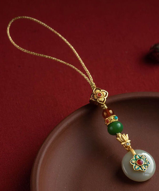 Vintage-Handyketten aus gelbversilbertem, vergoldetem Jade, Türkis, Lotus und vierblättrigem Kleeblatt