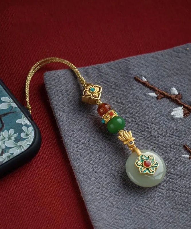 Vintage-Handyketten aus gelbversilbertem, vergoldetem Jade, Türkis, Lotus und vierblättrigem Kleeblatt