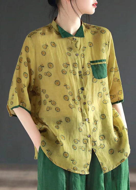 Camisas vintage de ramio con botones y cuello alto estampado amarillo de media manga
