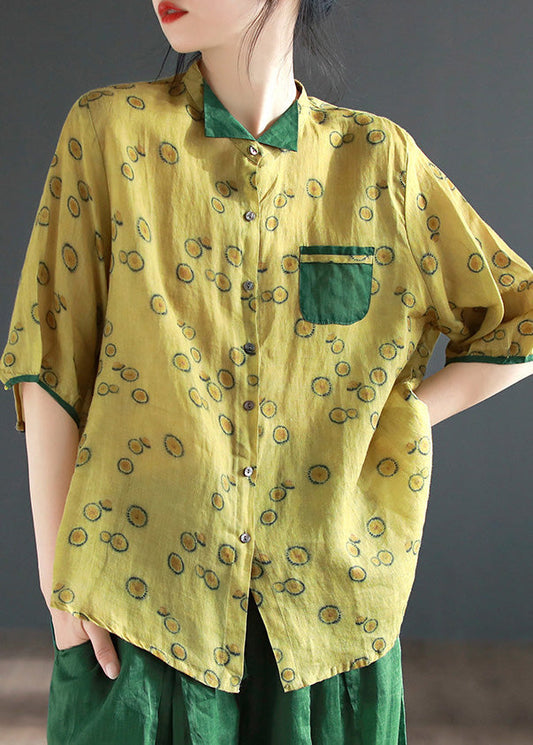 Camisas vintage de ramio con botones y cuello alto estampado amarillo de media manga