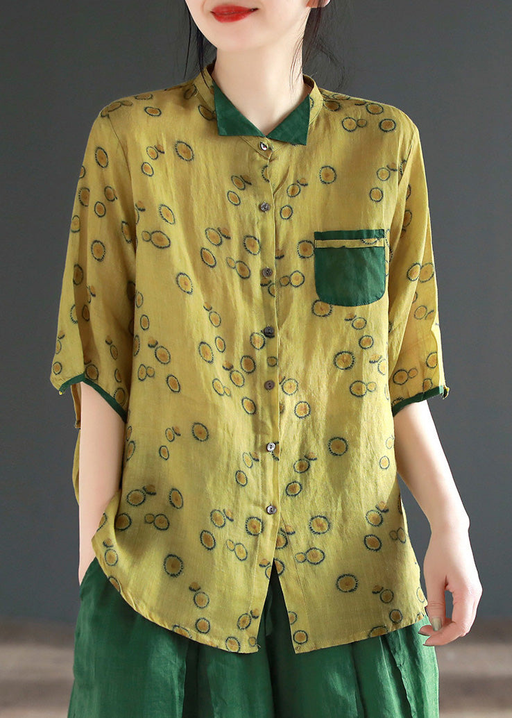 Camisas vintage de ramio con botones y cuello alto estampado amarillo de media manga