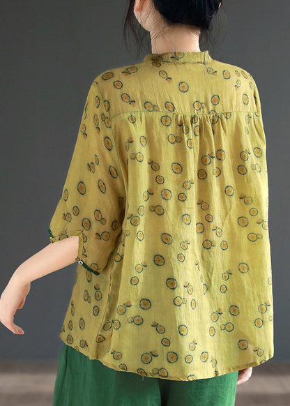 Camisas vintage de ramio con botones y cuello alto estampado amarillo de media manga