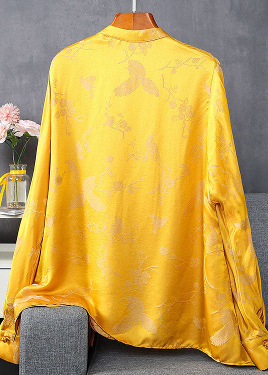 Vintage Gelb Stehkragen Knopf Jacquard Seide Tops Frühling