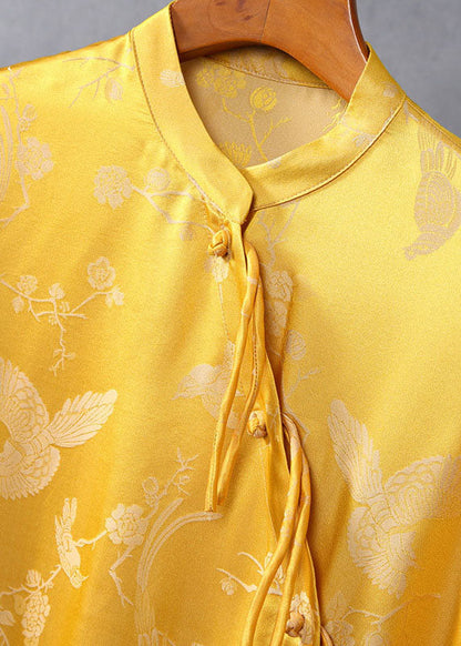 Vintage Gelb Stehkragen Knopf Jacquard Seide Tops Frühling
