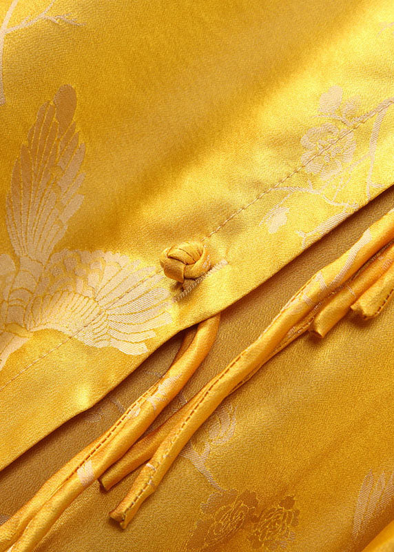 Vintage Gelb Stehkragen Knopf Jacquard Seide Tops Frühling