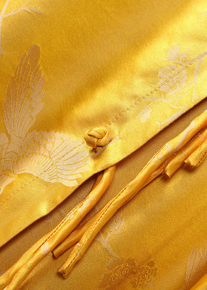 Vintage Gelb Stehkragen Knopf Jacquard Seide Tops Frühling