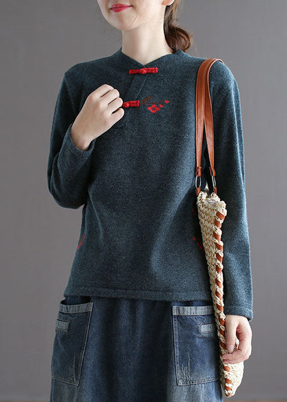 Vintage Gelb Stehkragen low high design Bestickter Strickpullover Frühling