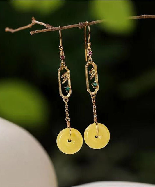 Pendientes colgantes vintage de plata de ley amarilla con cera de abeja y ámbar con hebilla de ping