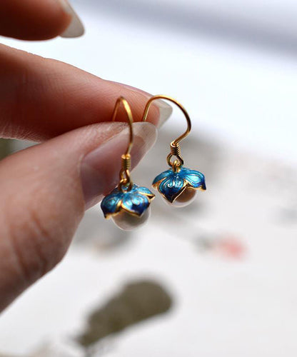 Vintage Yellow Sterling Silver Overgild Pearl Cloisonne Enamel Drop Earrings