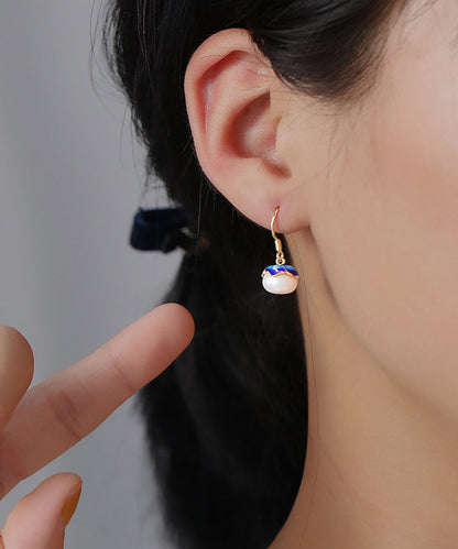 Vintage Yellow Sterling Silver Overgild Pearl Cloisonne Enamel Drop Earrings