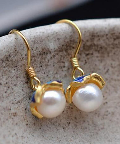Vintage Yellow Sterling Silver Overgild Pearl Cloisonne Enamel Drop Earrings