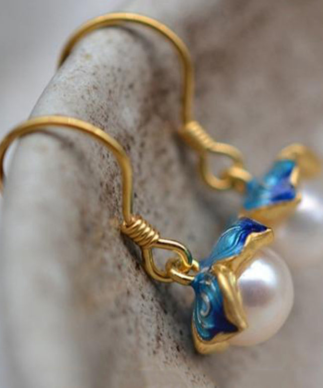 Vintage Yellow Sterling Silver Overgild Pearl Cloisonne Enamel Drop Earrings