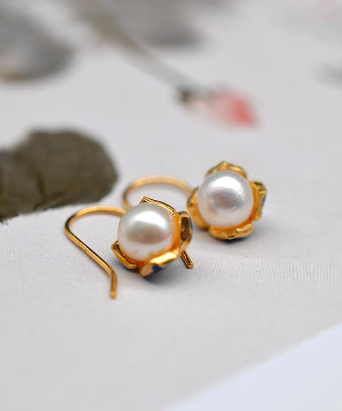 Vintage Yellow Sterling Silver Overgild Pearl Cloisonne Enamel Drop Earrings