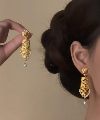 Pendientes vintage de plata de ley amarilla con borlas florales huecas y perla dorada