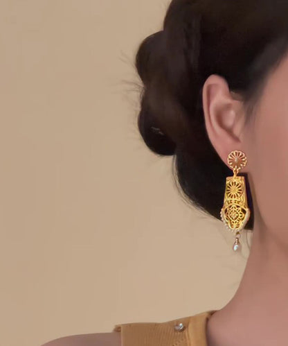 Pendientes vintage de plata de ley amarilla con borlas florales huecas y perla dorada