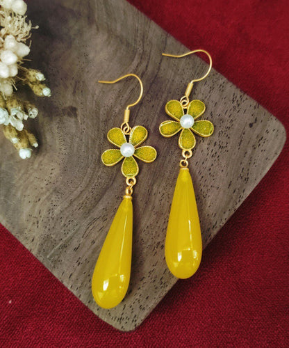 Pendientes colgantes vintage de plata de ley amarilla con circonitas doradas y esmalte floral