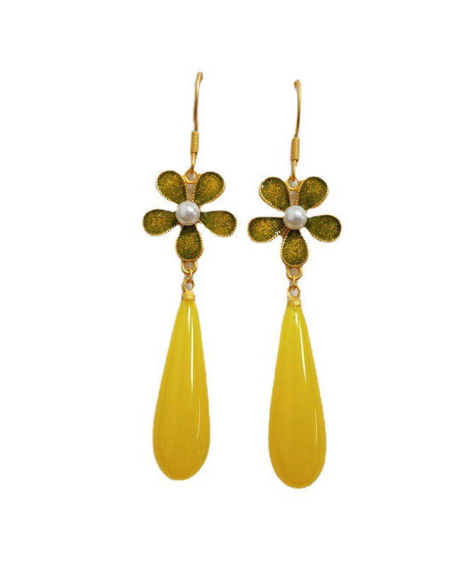 Pendientes colgantes vintage de plata de ley amarilla con circonitas doradas y esmalte floral