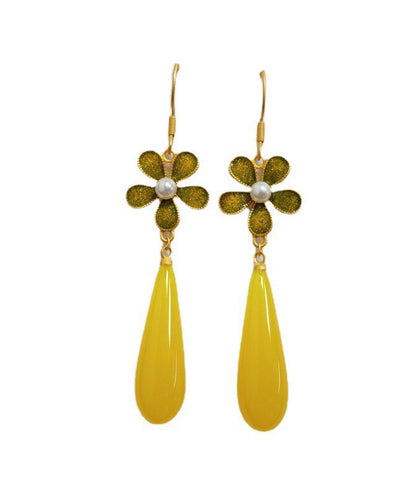 Pendientes colgantes vintage de plata de ley amarilla con circonitas doradas y esmalte floral