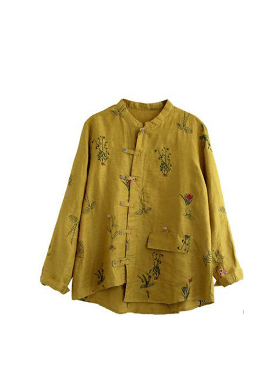 Vintage Gelbes asymmetrisches Design Knopf Leinen Blusen Top Langarm