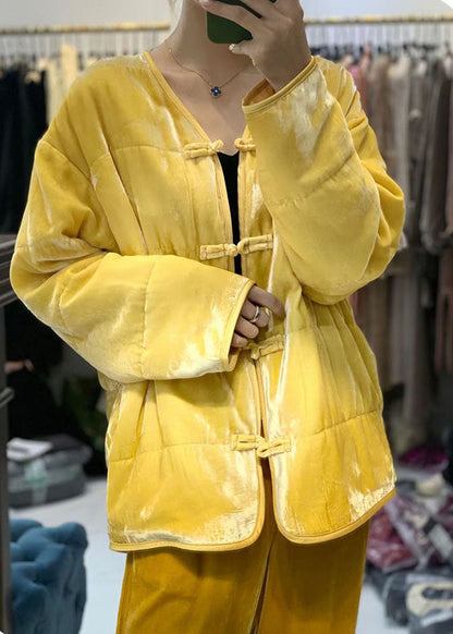 Vintage Gelber Knopf V-Ausschnitt Feine Baumwollfüllung Mäntel Winter