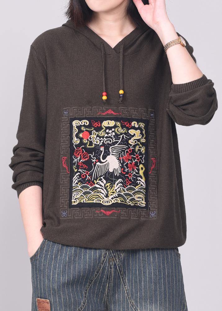 Vintage army brown knit tops casual long sleeve sweater hooded - SooLinen