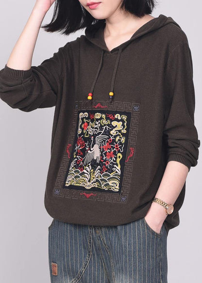 Vintage army brown knit tops casual long sleeve sweater hooded - SooLinen